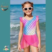 Young Girls One-Piece Mermaid Swimsuit with Skirt