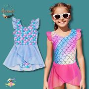 Young Girls One-Piece Mermaid Swimsuit with Skirt