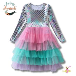 Young Girls Long-Sleeved Rainbow Mermaid Dress